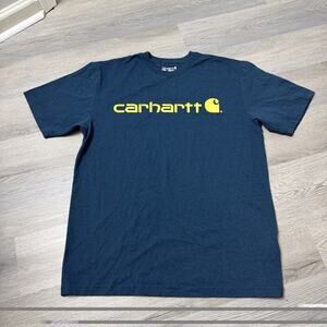 Carhartt Loose Fit T Shirt Men Size Medium Blue Yellow Logo Short Sleeve
